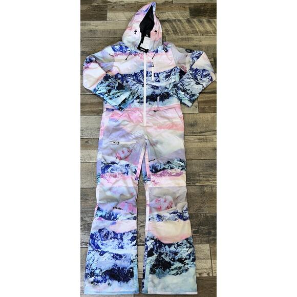 Gsou Snow Women Sz L Pink Blue Mountain Print One Piece Hooded Ski Suit NWT - Picture 1 of 12